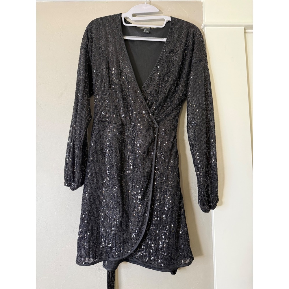 Forever 21 Black Sequin Wrap Mini Dress Long Sleeve V-Neck Size S